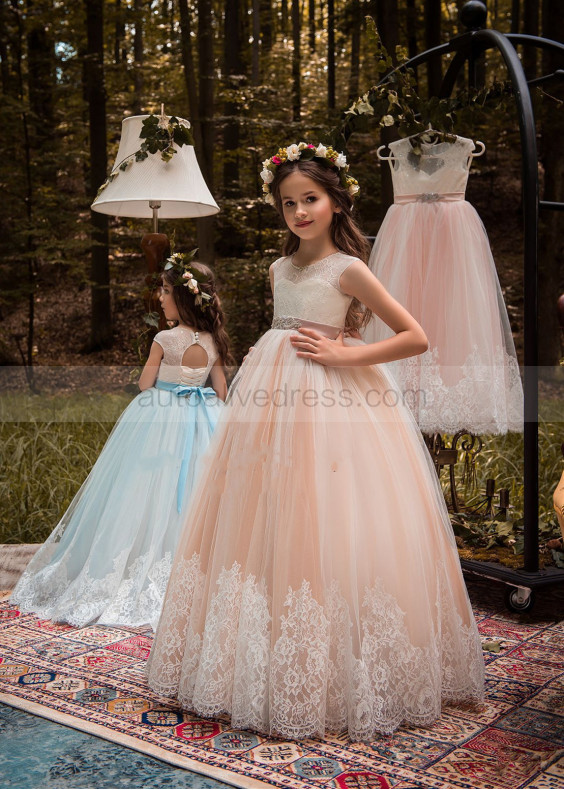 Lace Tulle Floor Length Corset Back Flower Girl Dress Little Bridal Gown Lace Tulle Floor Length Corset Back Flower Girl Dress Little Bridal Gown